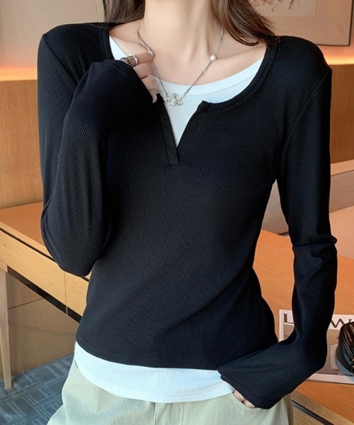 Ritzy(リッツィー)の「フェイクレイヤード ヘンリーネック ロングスリーブトップス(シャツ/ブラウス・レディース・グレー/ブルーグレー/ブラック・FREE)」の1枚目の写真
