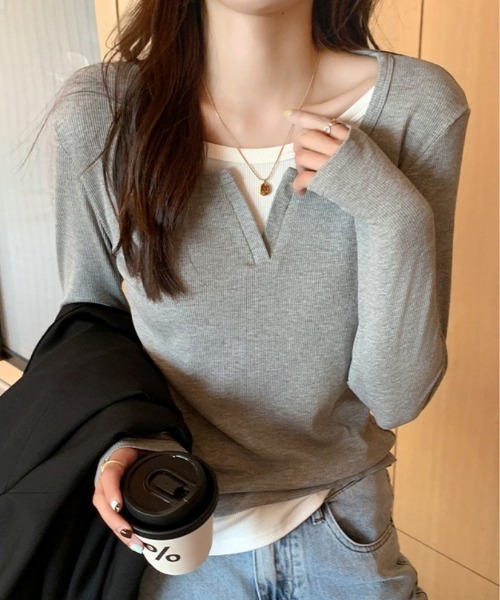 Ritzy(リッツィー)の「フェイクレイヤード ヘンリーネック ロングスリーブトップス(シャツ/ブラウス・レディース・グレー/ブルーグレー/ブラック・FREE)」の4枚目の写真
