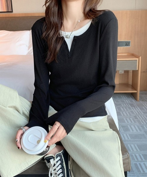 Ritzy(リッツィー)の「フェイクレイヤード ヘンリーネック ロングスリーブトップス(シャツ/ブラウス・レディース・グレー/ブルーグレー/ブラック・FREE)」の8枚目の写真