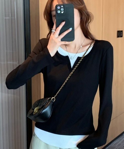 Ritzy(リッツィー)の「フェイクレイヤード ヘンリーネック ロングスリーブトップス(シャツ/ブラウス・レディース・グレー/ブルーグレー/ブラック・FREE)」の10枚目の写真