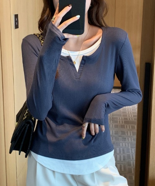Ritzy(リッツィー)の「フェイクレイヤード ヘンリーネック ロングスリーブトップス(シャツ/ブラウス・レディース・グレー/ブルーグレー/ブラック・FREE)」の12枚目の写真