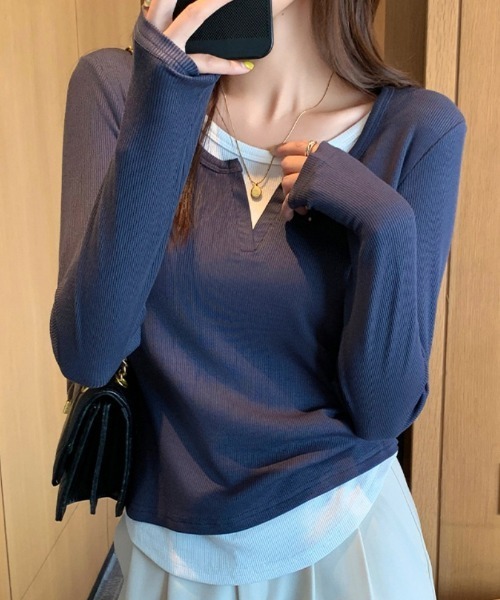 Ritzy(リッツィー)の「フェイクレイヤード ヘンリーネック ロングスリーブトップス(シャツ/ブラウス・レディース・グレー/ブルーグレー/ブラック・FREE)」の15枚目の写真