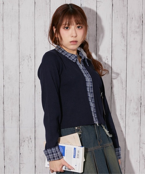 襟付きチェック切り替え×ダブルジップ》ニットカーディガン／秋冬春