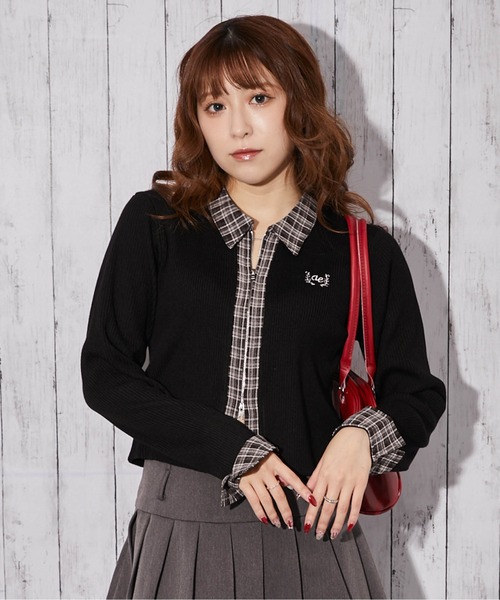 襟付きチェック切り替え×ダブルジップ》ニットカーディガン／秋冬春