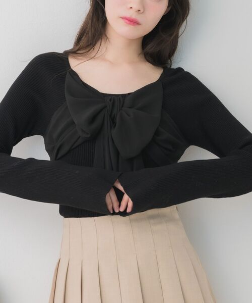 ems excite（エムズエキサイト）の「BIGリボンドッキングNT（ニット/セーター・レディース・ブラック/ナチュラル/ピンク・FREE）」の2枚目の写真