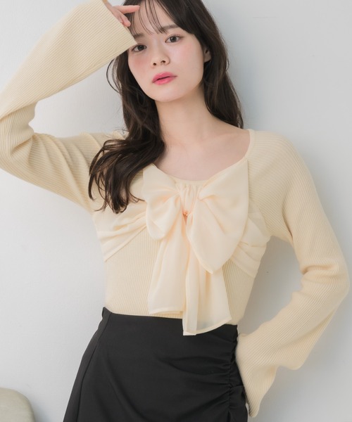 ems excite（エムズエキサイト）の「BIGリボンドッキングNT（ニット/セーター・レディース・ブラック/ナチュラル/ピンク・FREE）」の3枚目の写真