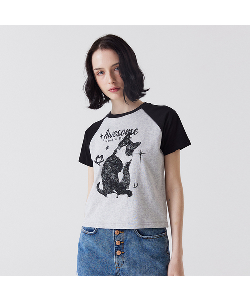AWESOME STUDIO(オーサムスタジオ)の「アッサムキャット ラグラン袖 半袖Tシャツ メランジグレー(Tシャツ/カットソー・レディース・その他・FREE)」の1枚目の写真