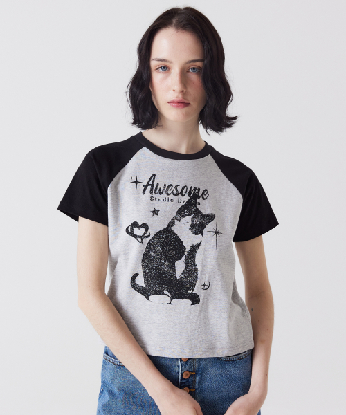 AWESOME STUDIO(オーサムスタジオ)の「アッサムキャット ラグラン袖 半袖Tシャツ メランジグレー(Tシャツ/カットソー・レディース・その他・FREE)」の2枚目の写真