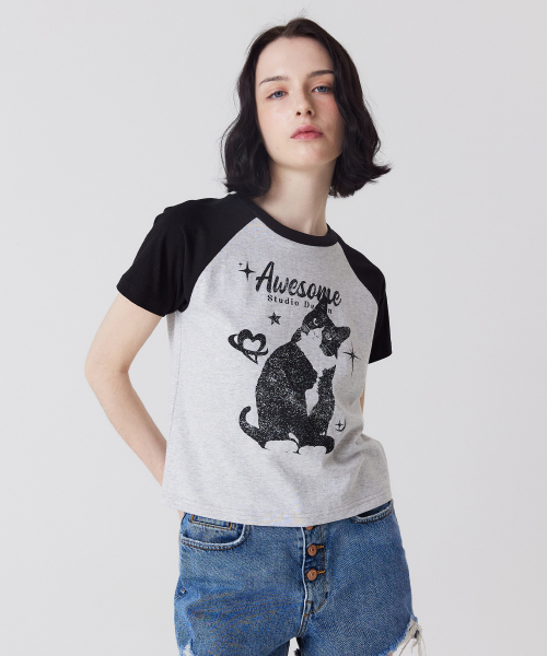 AWESOME STUDIO(オーサムスタジオ)の「アッサムキャット ラグラン袖 半袖Tシャツ メランジグレー(Tシャツ/カットソー・レディース・その他・FREE)」の3枚目の写真