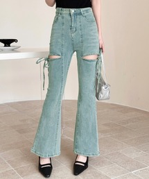 DAY CLOSET | 【肌魅せ調節可/ストレッチ有】 サイドカットアウト リボン ハイウエスト 美脚 フレア デニムパンツ レディース(デニムパンツ)