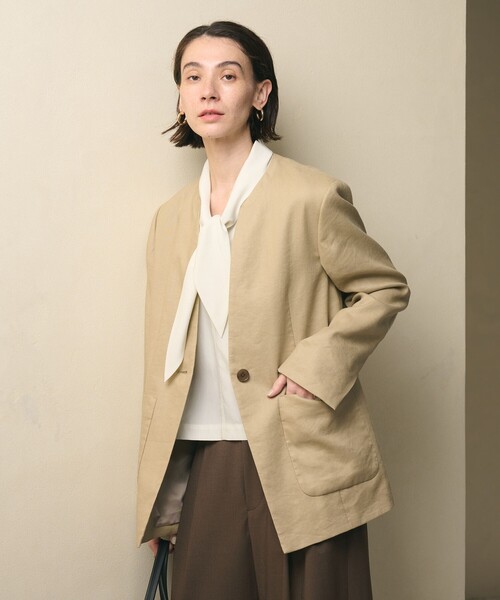 BEAUTY&YOUTH UNITED ARROWS（ビューティーアンドユースユナイテッドアローズ）の「麻ブレンド カラーレス シングル ジャケット UVカット（ノーカラージャケット・レディース・ベージュ/オフホワイト・M/S）」の4枚目の写真