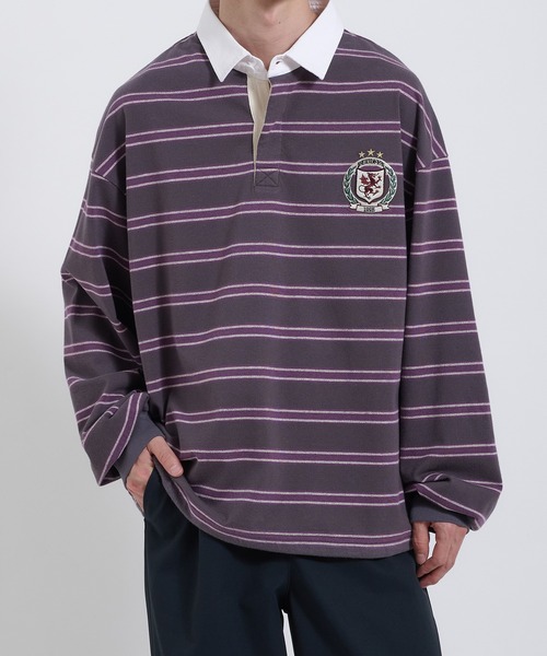 Perushu(ペルーシュ)の「ORIGINAL EMBLEM EMBROIDERY STRIPED RUGBY SHIRT/オリジナルエンブレム刺繍ボーダーラガーシャツ(Tシャツ/カットソー・メンズ・レッド系その他/パープル系その他/グリーン系その他・MEDIUM/LARGE)」の2枚目の写真
