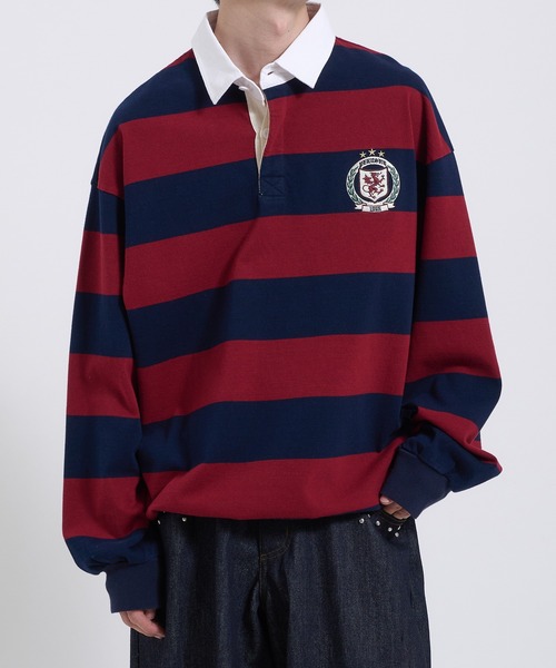 Perushu(ペルーシュ)の「ORIGINAL EMBLEM EMBROIDERY STRIPED RUGBY SHIRT/オリジナルエンブレム刺繍ボーダーラガーシャツ(Tシャツ/カットソー・メンズ・レッド系その他/パープル系その他/グリーン系その他・MEDIUM/LARGE)」の3枚目の写真