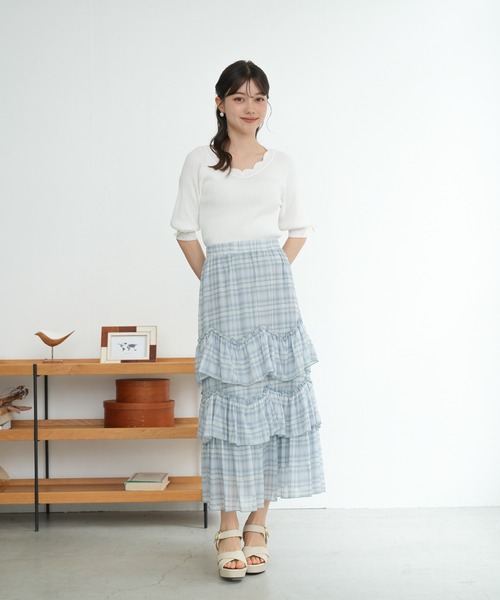ASTORIA ODIER(アストリアオディール)の「スカラップネック袖リボンリブニット (UVカット/ウォッシャブル)半袖(ニット/セーター・レディース・ネイビー/ミント/ライトグレー/ホワイト・MEDIUM/SMALL)」の8枚目の写真
