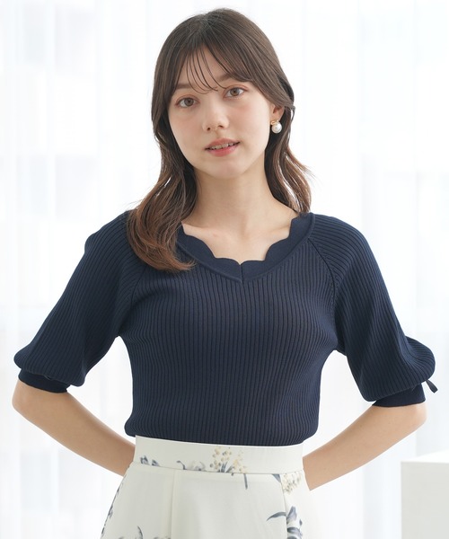 ASTORIA ODIER(アストリアオディール)の「スカラップネック袖リボンリブニット (UVカット/ウォッシャブル)半袖(ニット/セーター・レディース・ネイビー/ミント/ライトグレー/ホワイト・MEDIUM/SMALL)」の13枚目の写真