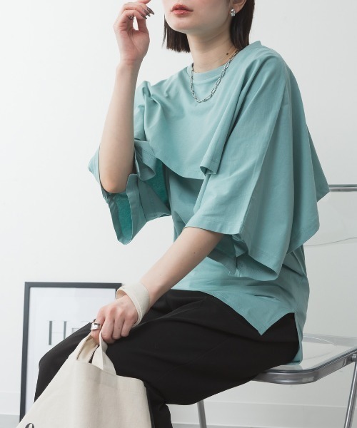 RCD(アールシーディー)の「ナチュラルケープ&インナーセットアップ(Tシャツ/カットソー・レディース・ホワイト/ブラック/ミント/ベージュ/杢グレー・LL~3L/M-L)」の5枚目の写真