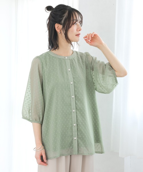 n'OrLABEL(ノアールレーベル)の「【接触冷感】シアードットブラウス(シャツ/ブラウス・レディース・オフホワイト/ライトグリーン/ネイビー・1/2)」の6枚目の写真
