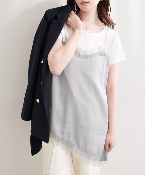 natural couture(ナチュラルクチュール)の「アシメサテンレースドッキングT(Tシャツ/カットソー・レディース・グレー/オフホワイト/ブラック・FREE)」の2枚目の写真