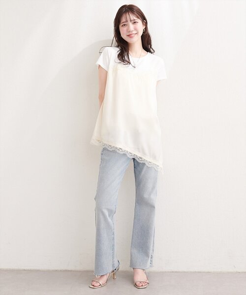 natural couture(ナチュラルクチュール)の「アシメサテンレースドッキングT(Tシャツ/カットソー・レディース・グレー/オフホワイト/ブラック・FREE)」の9枚目の写真