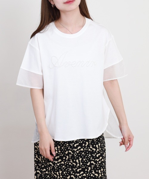 Anna Nicola(アンナニコラ)の「Anna Nicola パールロゴ半袖カットソー(Tシャツ/カットソー・レディース・オフホワイト/グレイッシュベージュ/ブラック・38)」の1枚目の写真