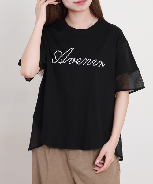 Anna Nicola(アンナニコラ)の「Anna Nicola パールロゴ半袖カットソー(Tシャツ/カットソー・レディース・オフホワイト/グレイッシュベージュ/ブラック・38)」の2枚目の写真