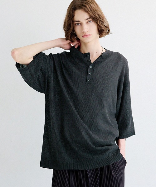 LILL(リル)の「リネンライクヘンリーネック半袖サマーニット(ニット/セーター・メンズ・ブラック/ホワイト/チャコールグレー/ブルーグレー・XL/L/S/M)」の9枚目の写真