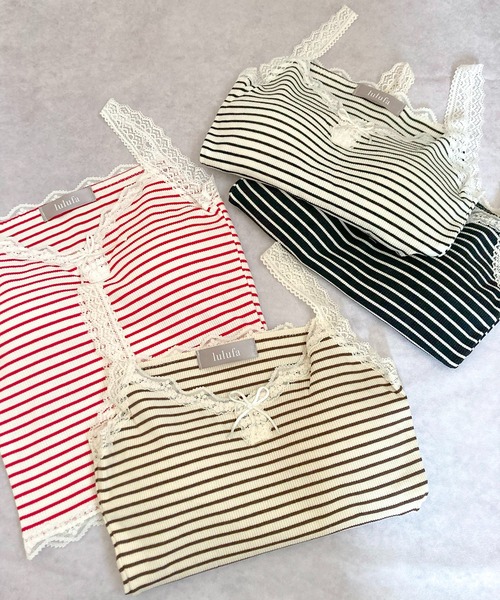lulufa(ルルファ)の「【カップ付き】 レースキャミソール リボン付き ボーダー柄(キャミソール・レディース・ホワイト系1/ホワイト系/アイボリー系/ブラック系・FREE)」の6枚目の写真