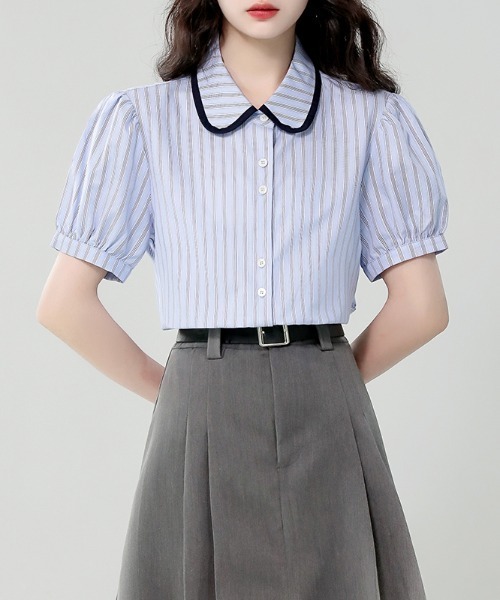 AMAJI(アマジ)の「ドールカラー ストライプ パイピング パフスリーブ シャツ(シャツ/ブラウス・レディース・ライトブルー・X-LARGE/LARGE/MEDIUM/SMALL)」の1枚目の写真