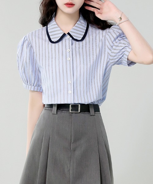 AMAJI(アマジ)の「ドールカラー ストライプ パイピング パフスリーブ シャツ(シャツ/ブラウス・レディース・ライトブルー・X-LARGE/LARGE/MEDIUM/SMALL)」の4枚目の写真