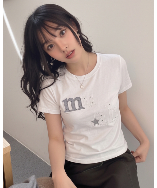 muahmuah（ムーアムーア）の「ドットスターパッチ半袖Tシャツ [6色]（Tシャツ/カットソー・レディース・ホワイト/ブラック/スカイブルー/ネイビー/イエロー/ピンク・FREE）」の7枚目の写真