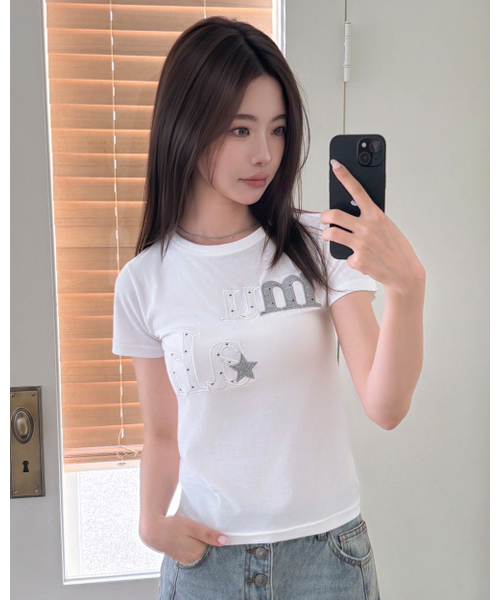 muahmuah（ムーアムーア）の「ドットスターパッチ半袖Tシャツ [6色]（Tシャツ/カットソー・レディース・ホワイト/ブラック/スカイブルー/ネイビー/イエロー/ピンク・FREE）」の19枚目の写真