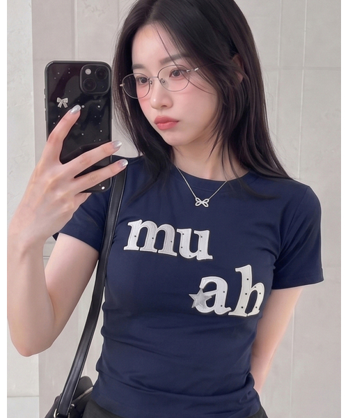 muahmuah（ムーアムーア）の「ドットスターパッチ半袖Tシャツ [6色]（Tシャツ/カットソー・レディース・ホワイト/ブラック/スカイブルー/ネイビー/イエロー/ピンク・FREE）」の9枚目の写真