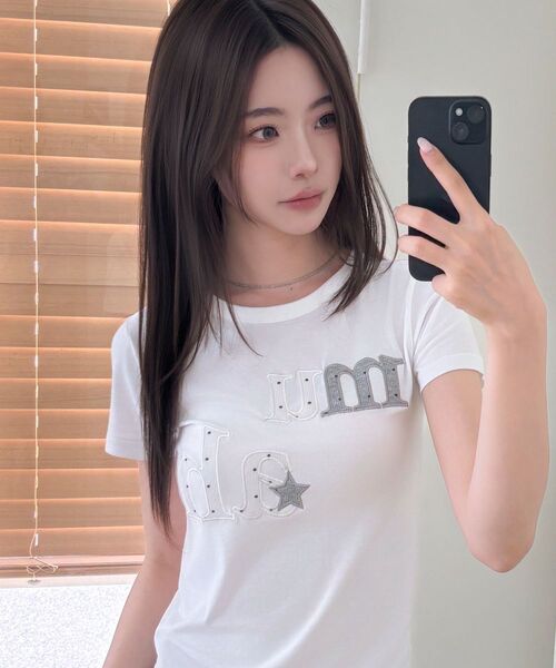 muahmuah（ムーアムーア）の「ドットスターパッチ半袖Tシャツ [6色]（Tシャツ/カットソー・レディース・ホワイト/ブラック/スカイブルー/ネイビー/イエロー/ピンク・FREE）」の16枚目の写真