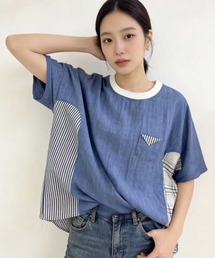 異素材切替デザイン 半袖カットソー チェック × ストライプ ドッキングTシャツ