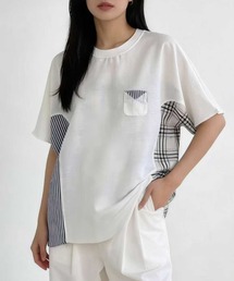 異素材切替デザイン 半袖カットソー チェック × ストライプ ドッキングTシャツ