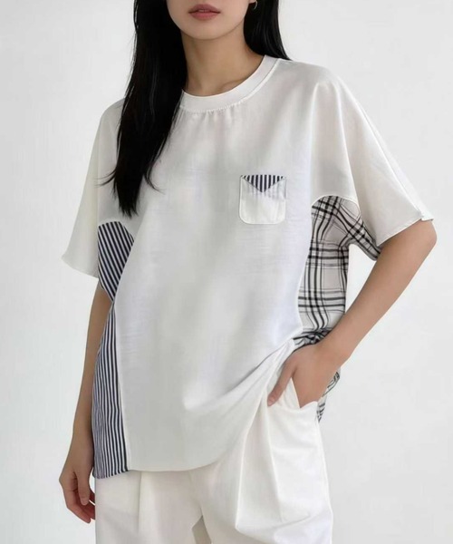 WESTSEA(ウエストシー)の「異素材切替デザイン 半袖カットソー チェック × ストライプ ドッキングTシャツ(Tシャツ/カットソー・レディース・ホワイト/ブラック/ネイビー・FREE)」の1枚目の写真