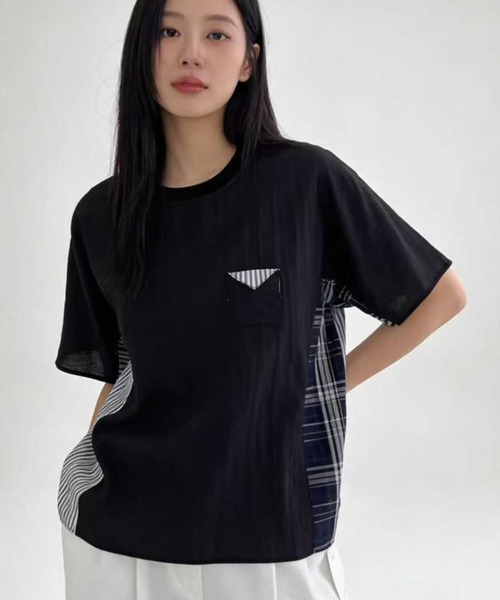 WESTSEA(ウエストシー)の「異素材切替デザイン 半袖カットソー チェック × ストライプ ドッキングTシャツ(Tシャツ/カットソー・レディース・ホワイト/ブラック/ネイビー・FREE)」の2枚目の写真