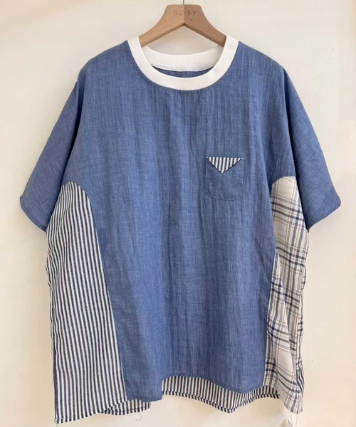 WESTSEA(ウエストシー)の「異素材切替デザイン 半袖カットソー チェック × ストライプ ドッキングTシャツ(Tシャツ/カットソー・レディース・ホワイト/ブラック/ネイビー・FREE)」の10枚目の写真