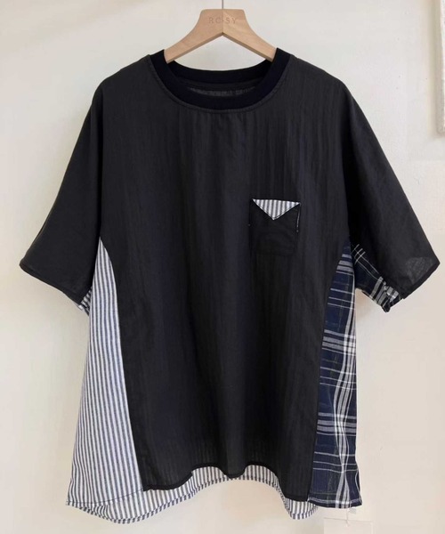 WESTSEA(ウエストシー)の「異素材切替デザイン 半袖カットソー チェック × ストライプ ドッキングTシャツ(Tシャツ/カットソー・レディース・ホワイト/ブラック/ネイビー・FREE)」の11枚目の写真