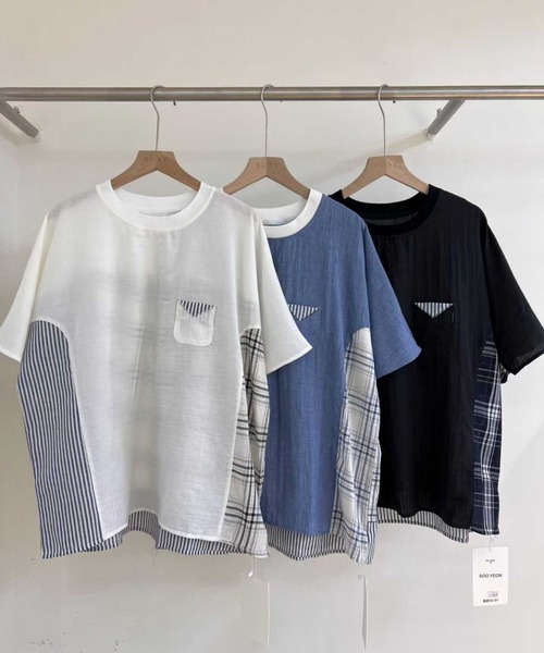 WESTSEA(ウエストシー)の「異素材切替デザイン 半袖カットソー チェック × ストライプ ドッキングTシャツ(Tシャツ/カットソー・レディース・ホワイト/ブラック/ネイビー・FREE)」の12枚目の写真