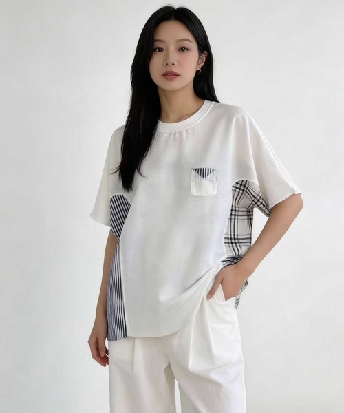 WESTSEA(ウエストシー)の「異素材切替デザイン 半袖カットソー チェック × ストライプ ドッキングTシャツ(Tシャツ/カットソー・レディース・ホワイト/ブラック/ネイビー・FREE)」の4枚目の写真