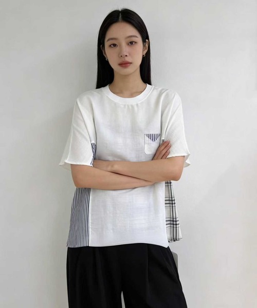 WESTSEA(ウエストシー)の「異素材切替デザイン 半袖カットソー チェック × ストライプ ドッキングTシャツ(Tシャツ/カットソー・レディース・ホワイト/ブラック/ネイビー・FREE)」の5枚目の写真
