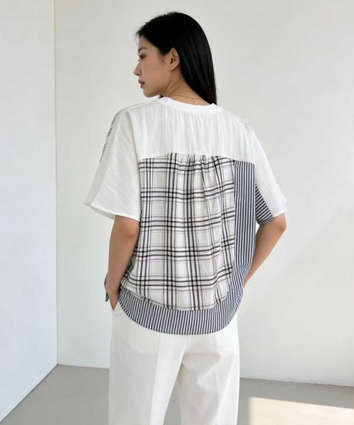 WESTSEA(ウエストシー)の「異素材切替デザイン 半袖カットソー チェック × ストライプ ドッキングTシャツ(Tシャツ/カットソー・レディース・ホワイト/ブラック/ネイビー・FREE)」の6枚目の写真