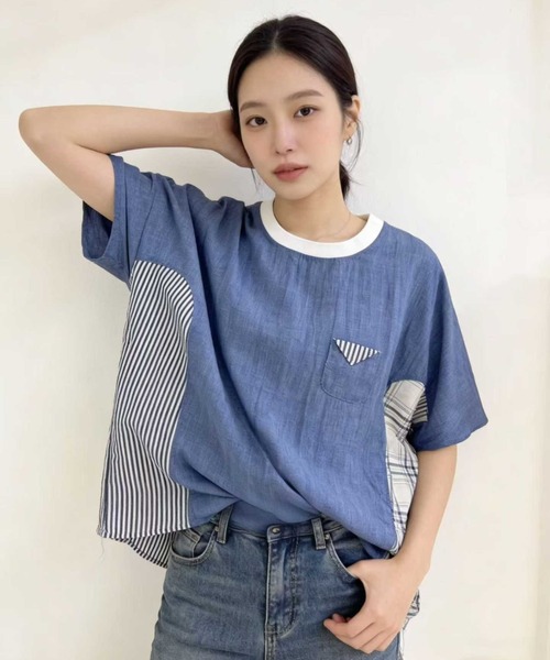 WESTSEA(ウエストシー)の「異素材切替デザイン 半袖カットソー チェック × ストライプ ドッキングTシャツ(Tシャツ/カットソー・レディース・ホワイト/ブラック/ネイビー・FREE)」の8枚目の写真