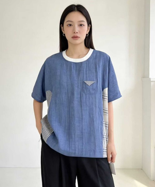 WESTSEA(ウエストシー)の「異素材切替デザイン 半袖カットソー チェック × ストライプ ドッキングTシャツ(Tシャツ/カットソー・レディース・ホワイト/ブラック/ネイビー・FREE)」の9枚目の写真