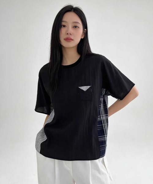 WESTSEA(ウエストシー)の「異素材切替デザイン 半袖カットソー チェック × ストライプ ドッキングTシャツ(Tシャツ/カットソー・レディース・ホワイト/ブラック/ネイビー・FREE)」の7枚目の写真