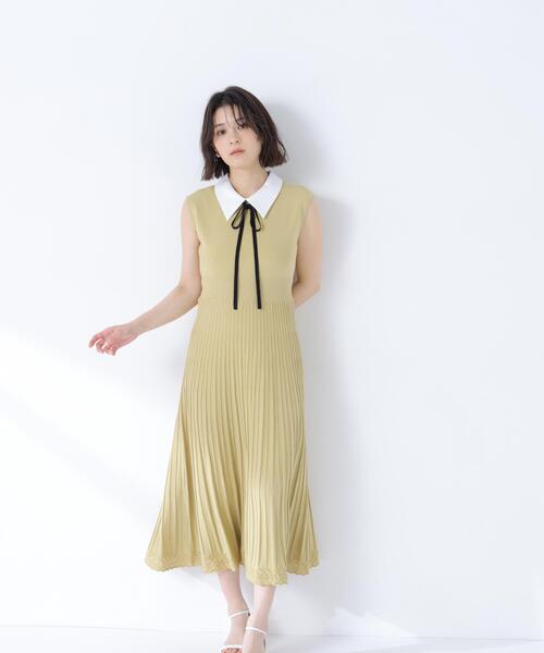 NATURAL BEAUTY BASIC（ナチュラルビューティーベーシック）の「シャツカラーナローリボンニットワンピース（ワンピース・レディース・ネイビー/ライトグリーン/グレー・MEDIUM/P/S）」の3枚目の写真