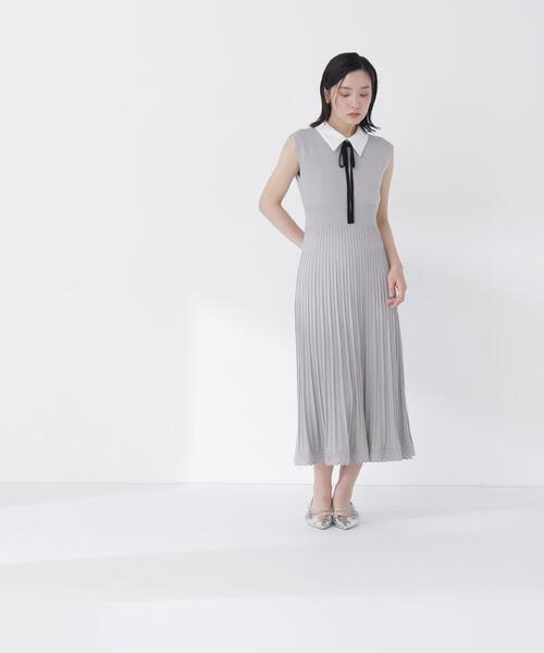 NATURAL BEAUTY BASIC（ナチュラルビューティーベーシック）の「シャツカラーナローリボンニットワンピース（ワンピース・レディース・ネイビー/ライトグリーン/グレー・MEDIUM/P/S）」の5枚目の写真