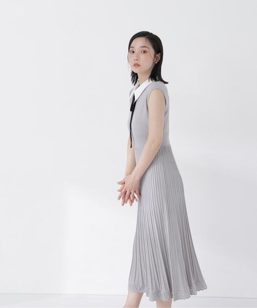 NATURAL BEAUTY BASIC（ナチュラルビューティーベーシック）の「シャツカラーナローリボンニットワンピース（ワンピース・レディース・ネイビー/ライトグリーン/グレー・MEDIUM/P/S）」の6枚目の写真