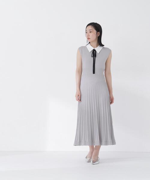 NATURAL BEAUTY BASIC（ナチュラルビューティーベーシック）の「シャツカラーナローリボンニットワンピース（ワンピース・レディース・ネイビー/ライトグリーン/グレー・MEDIUM/P/S）」の7枚目の写真